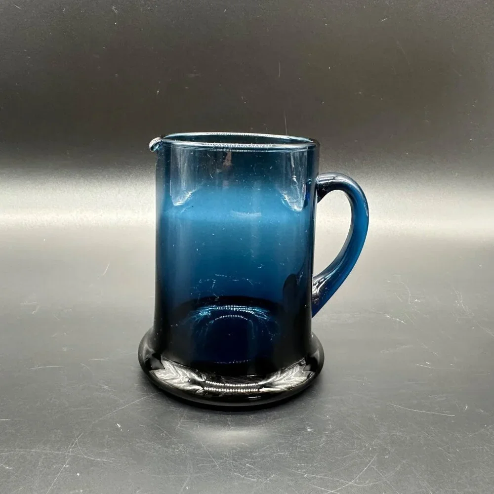 Vintage Hand Blown Blue Glass Pitcher Creamer Spout Applied Handle Art Glass - Picture 2 of 9